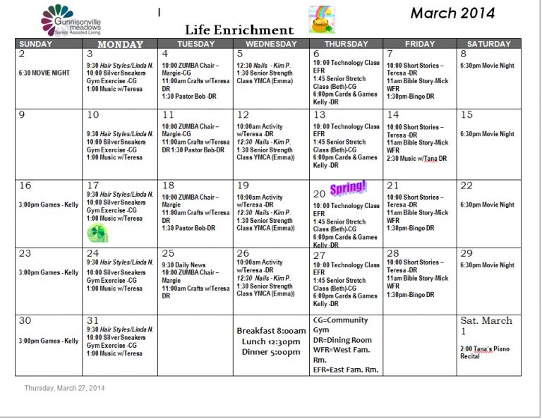 Life Enrichment Activity Calendar Gunnisonville Meadows